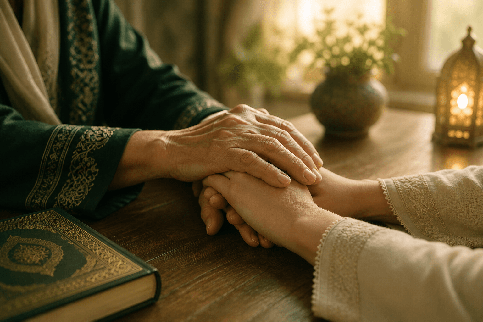 An elder's hands resting protectively over a younger person's hands
