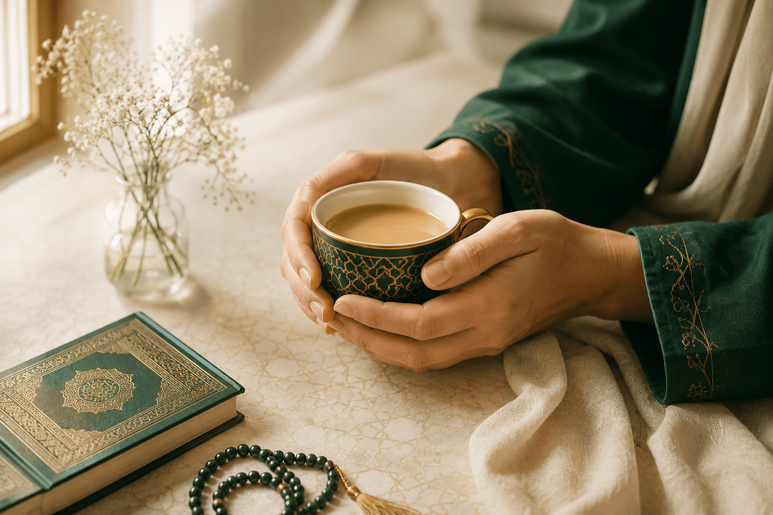 Hands cradling a cup of chai beside a Quran and prayer beads