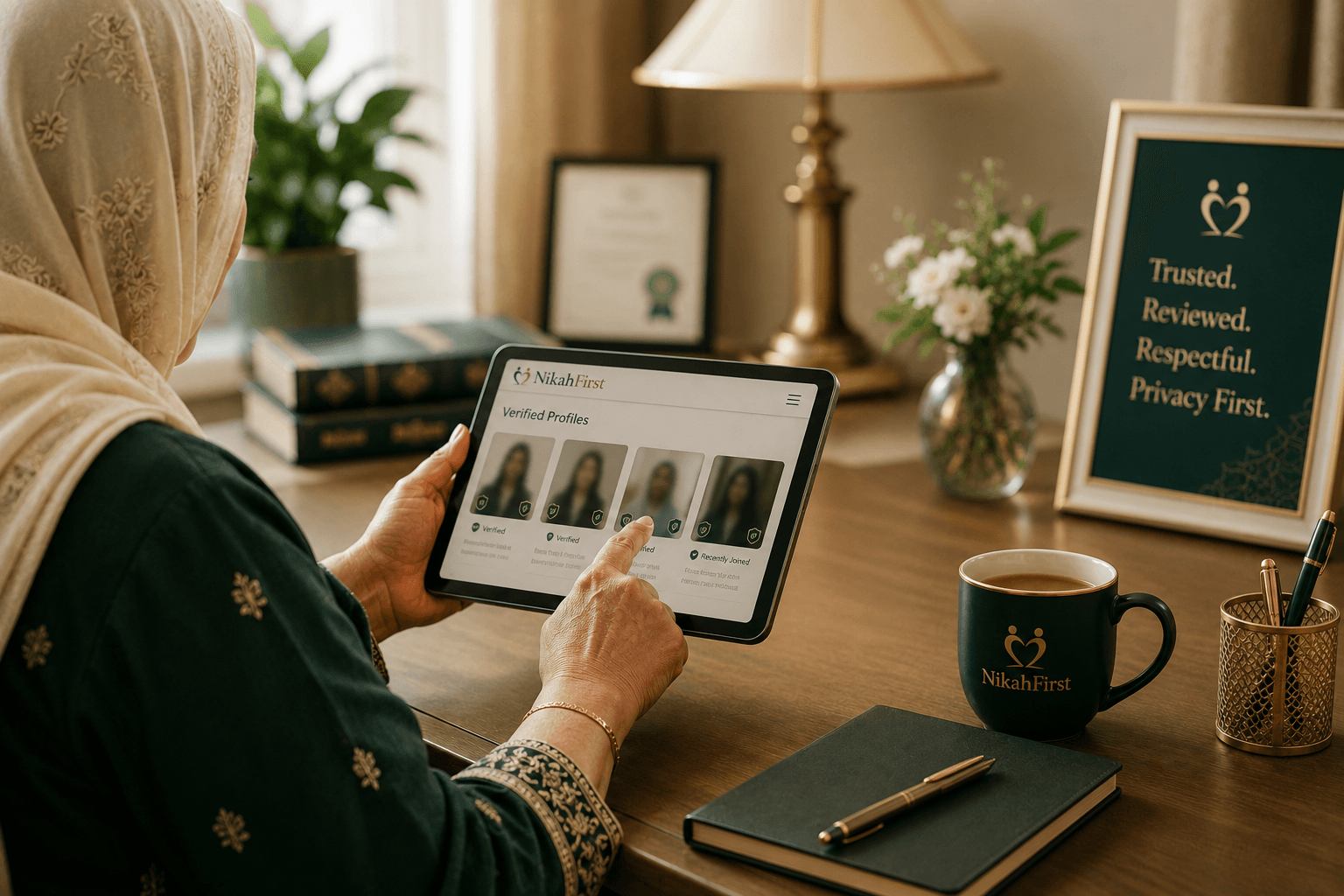 A matchmaker reviewing verified profiles on a tablet