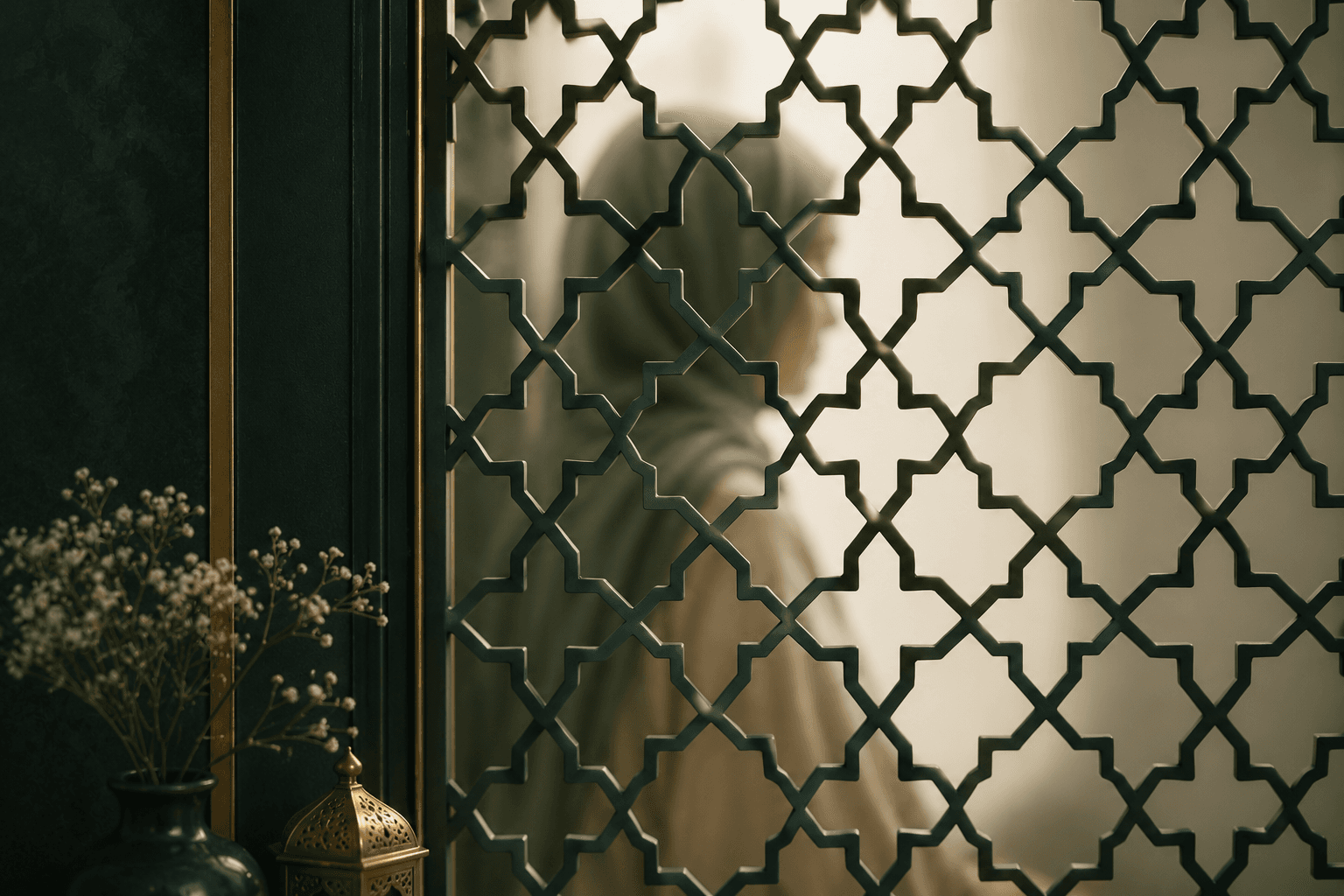 A softly blurred figure behind an ornate jali screen